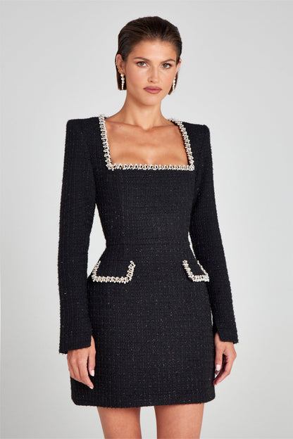 Minivestido de tweed con cuello cuadrado y perlas sintéticas 