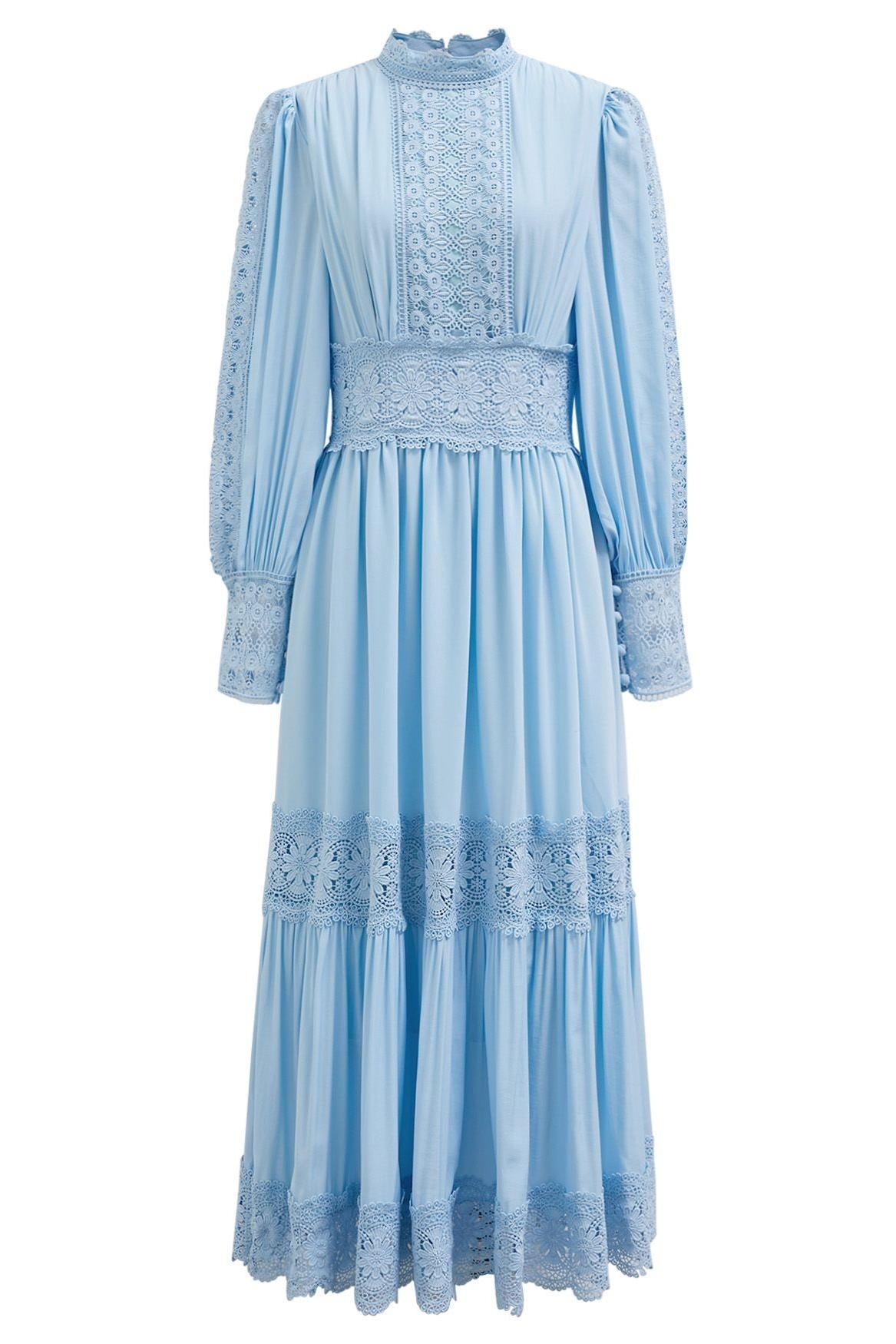 Vestido midi liso con mangas farol y encaje 