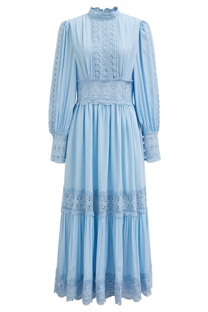 Vestido midi liso con mangas farol y encaje 