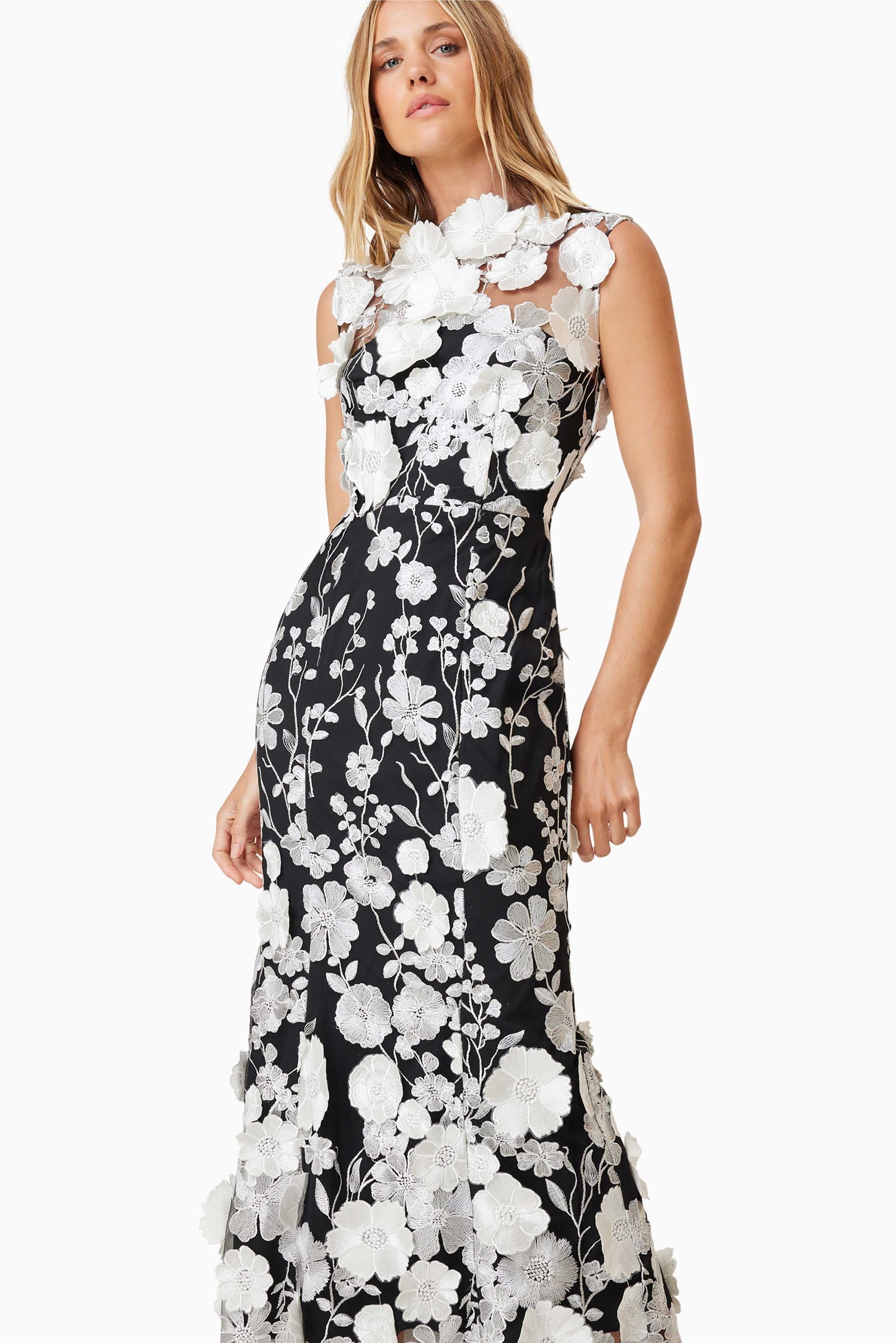 Vestido midi sin mangas con cuello redondo y flores 3D 