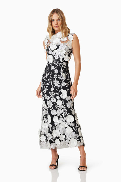 Vestido midi sin mangas con cuello redondo y flores 3D 
