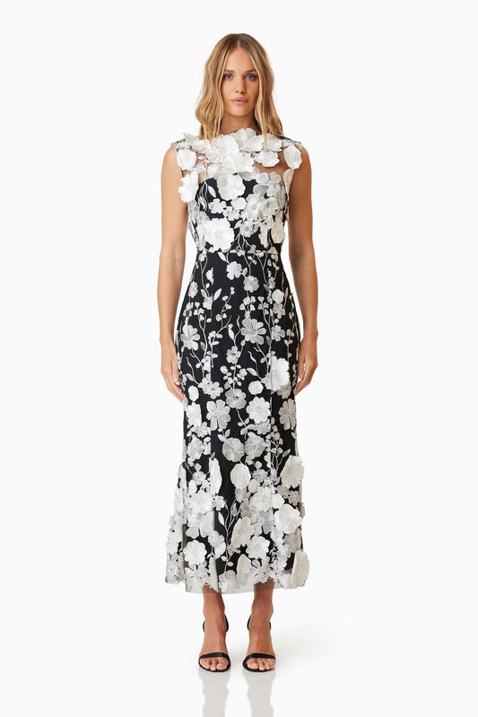 Vestido midi sin mangas con cuello redondo y flores 3D 