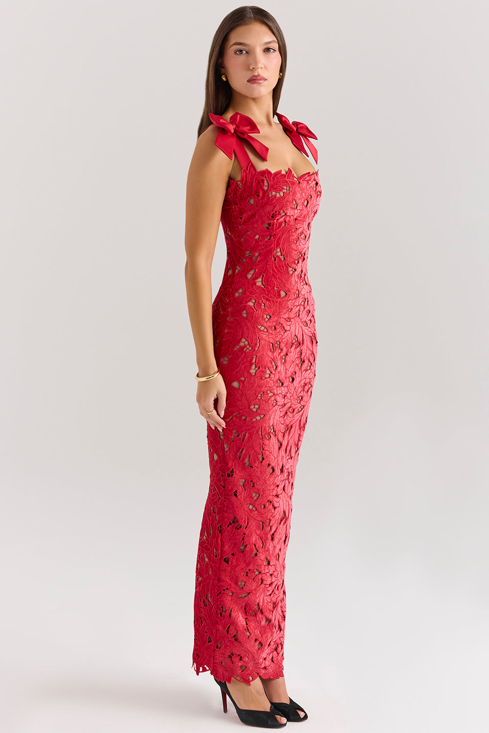 Vestido midi sin mangas con lazo y encaje 