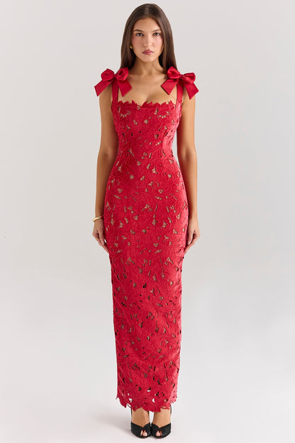 Vestido midi sin mangas con lazo y encaje 