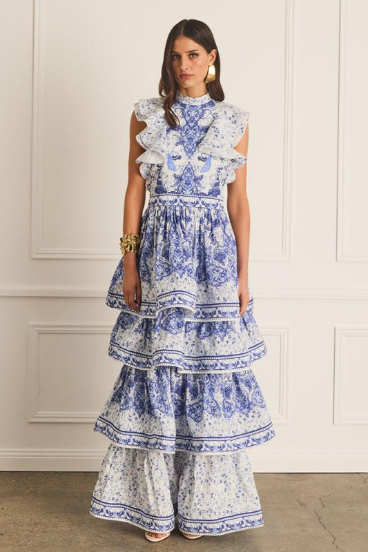 Vestido midi sin mangas con volantes y estampado paisley 