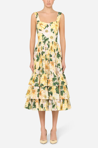 Vestido midi floral sin mangas con escote corazón 