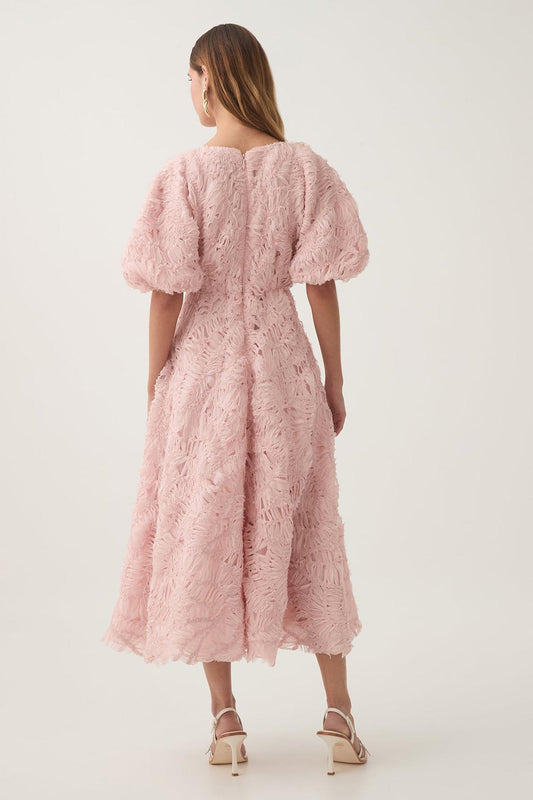 Vestido midi con escote en V, mangas abullonadas y aberturas 