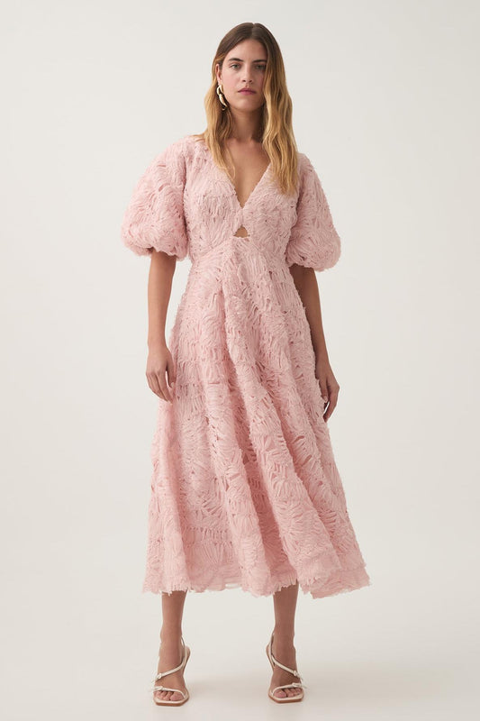 Vestido midi con escote en V, mangas abullonadas y aberturas 