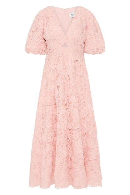 V-Neck Puff Sleeve Cut-Out Midi Dress