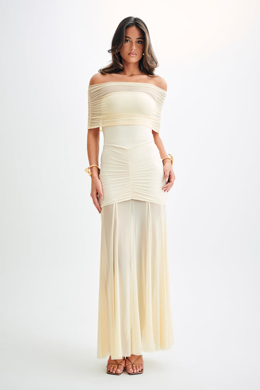 Vestido midi de malla lisa con hombros descubiertos 