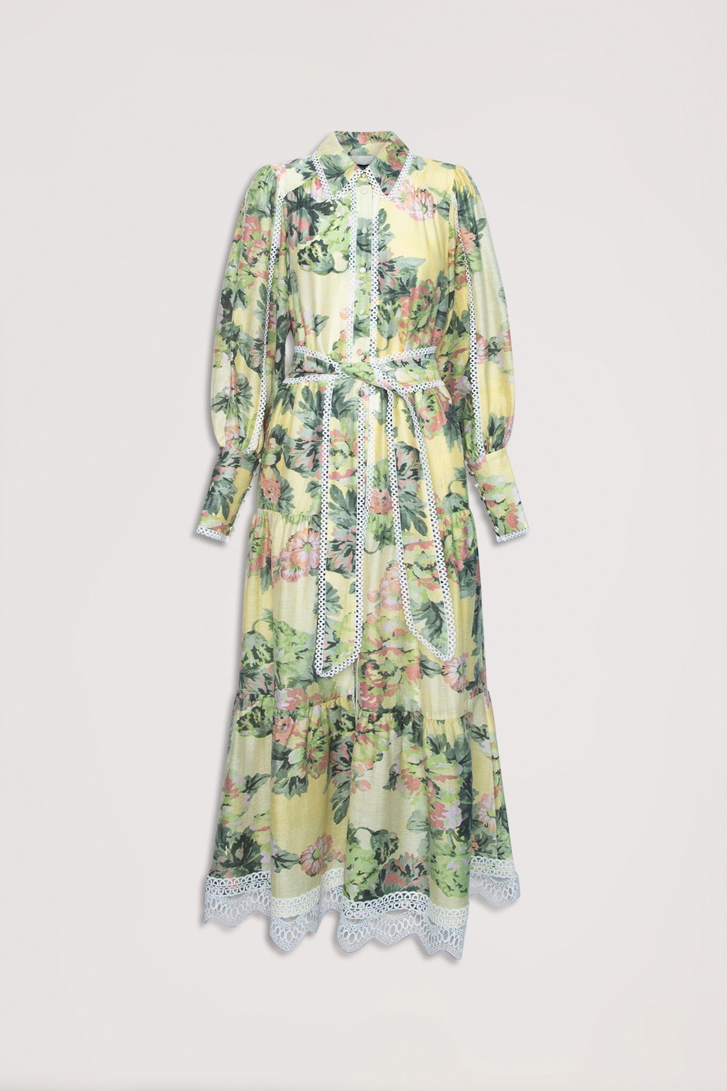 Vestido midi con mangas farol y encaje floral 