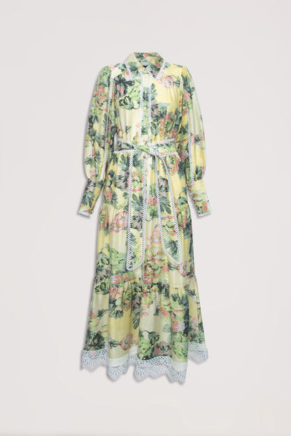 Vestido midi con mangas farol y encaje floral 