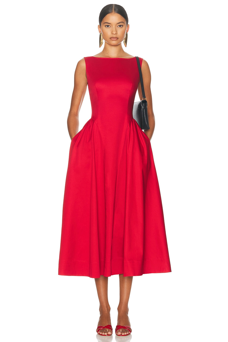 Vestido midi liso sin mangas con bolsillos 