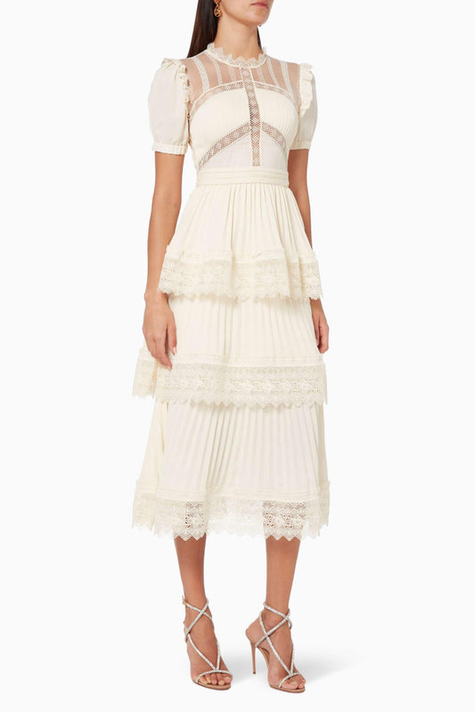 Vestido midi de encaje liso con volantes 
