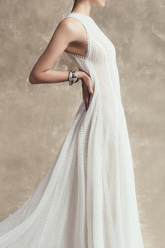 Vestido midi sin mangas de encaje liso 