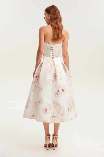 Vestido midi floral con hombros descubiertos y cordones 