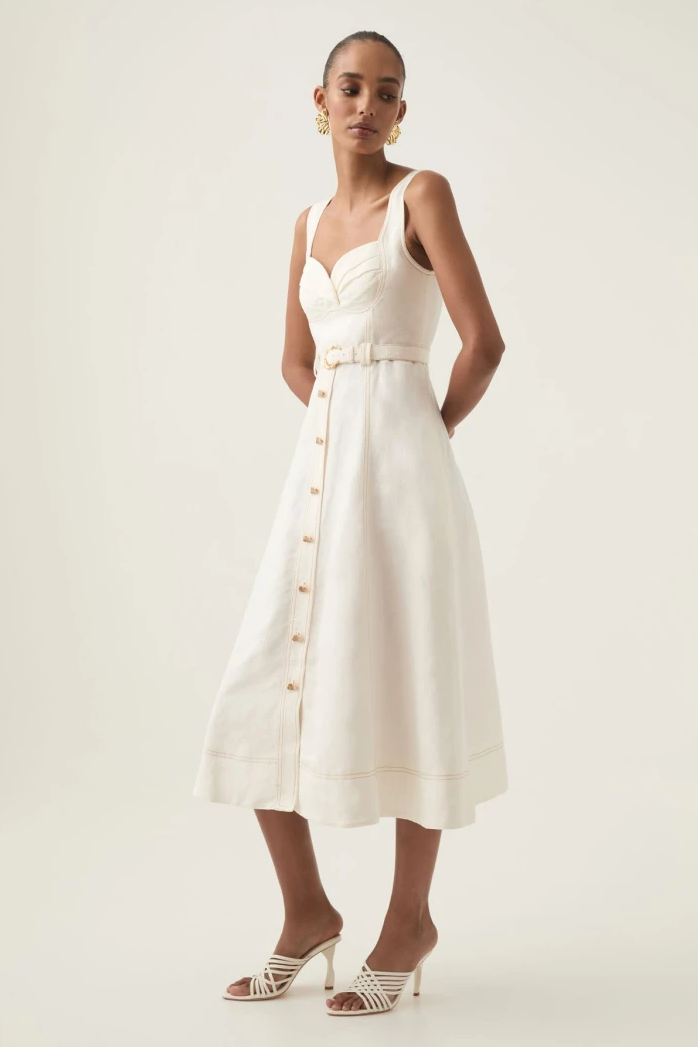 Vestido midi de lino liso con escote cuadrado y cinturón 