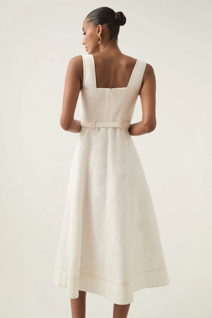 Vestido midi de lino liso con escote cuadrado y cinturón 