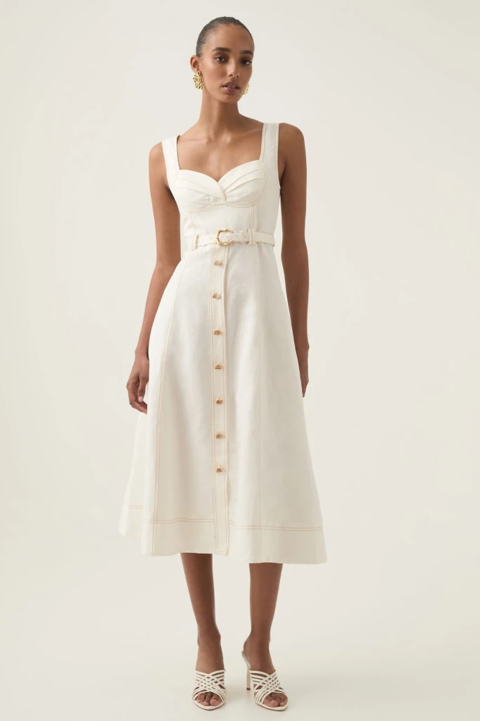 Vestido midi de lino liso con escote cuadrado y cinturón 