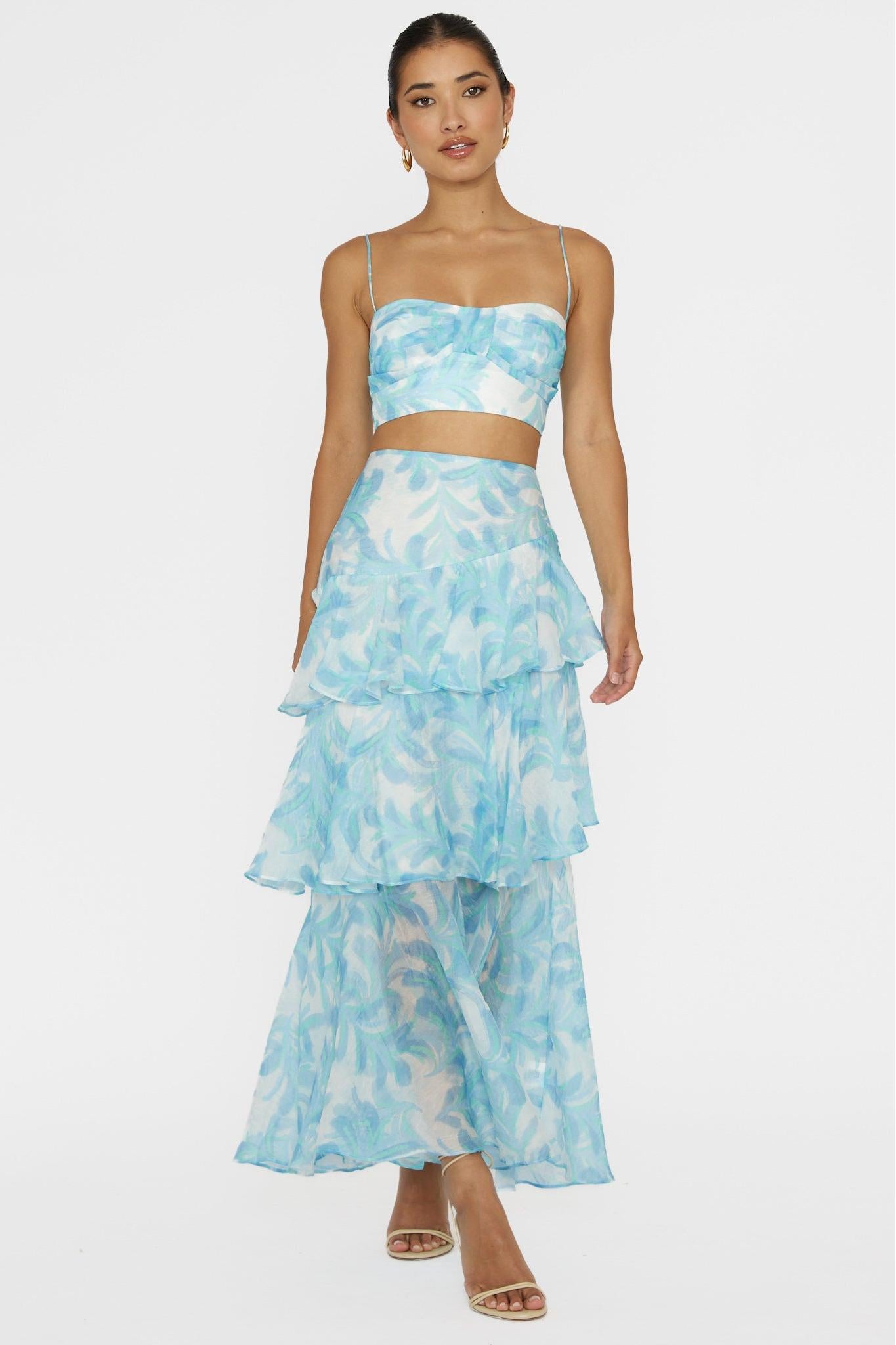 Abstract Print Top ＆ High Waist Ruffle Skirt Set