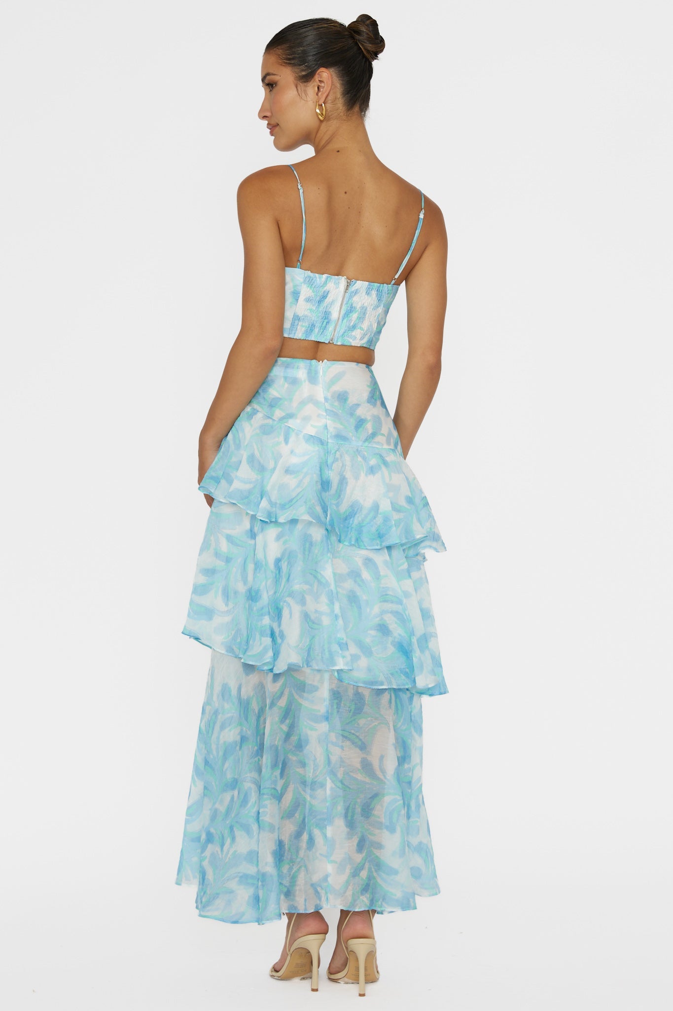 Abstract Print Top ＆ High Waist Ruffle Skirt Set