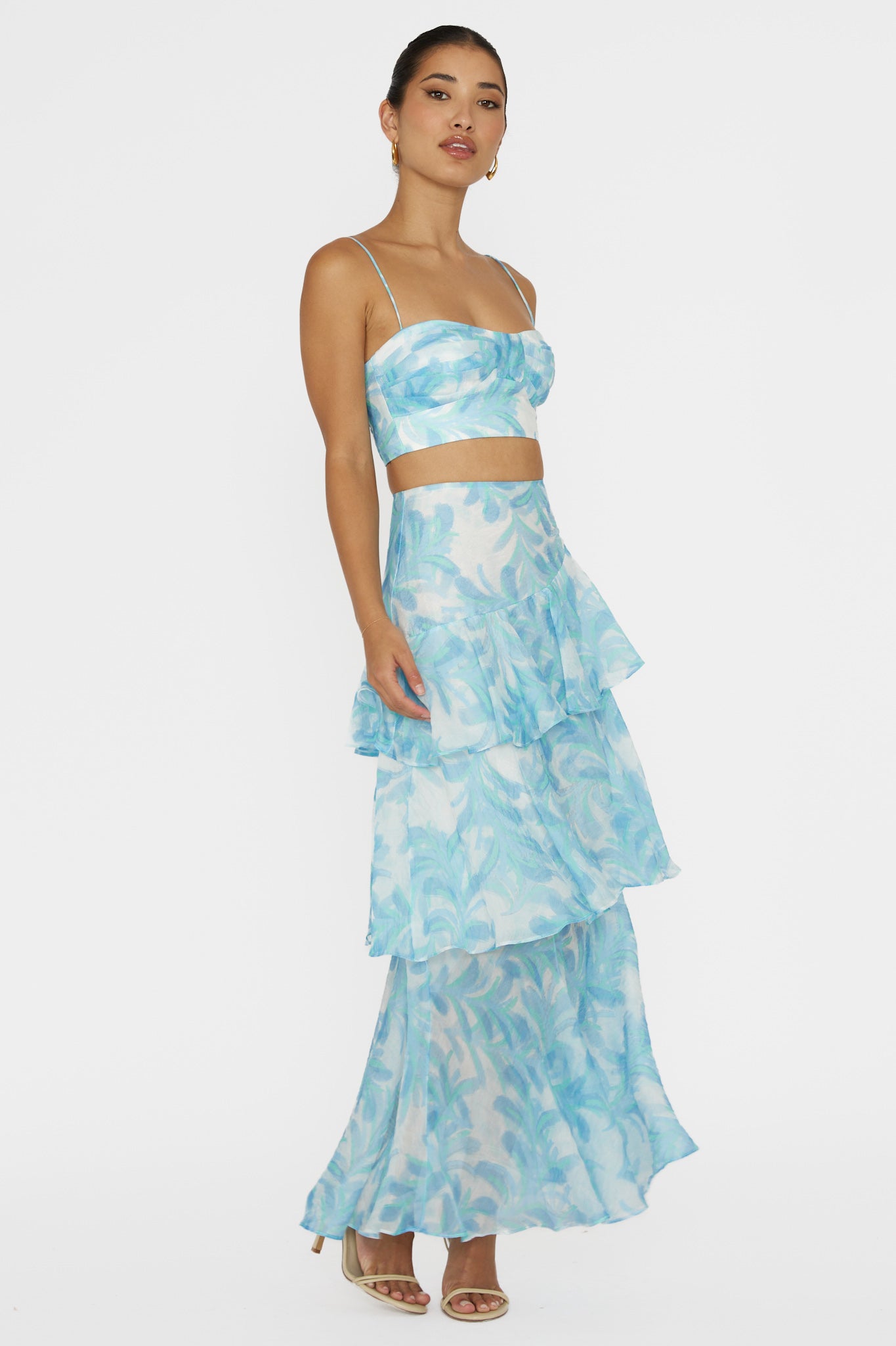 Abstract Print Top ＆ High Waist Ruffle Skirt Set
