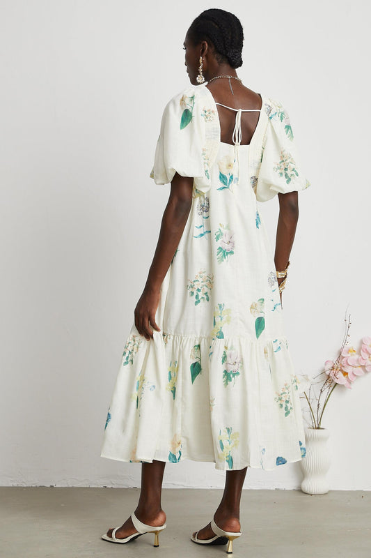 Vestido midi fruncido con mangas abullonadas y estampado floral 