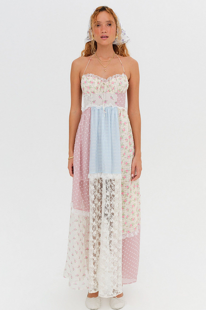 Floral Patchwork Print Lace Midi Dress