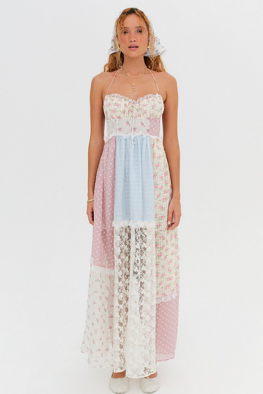 Floral Patchwork Print Lace Midi Dress