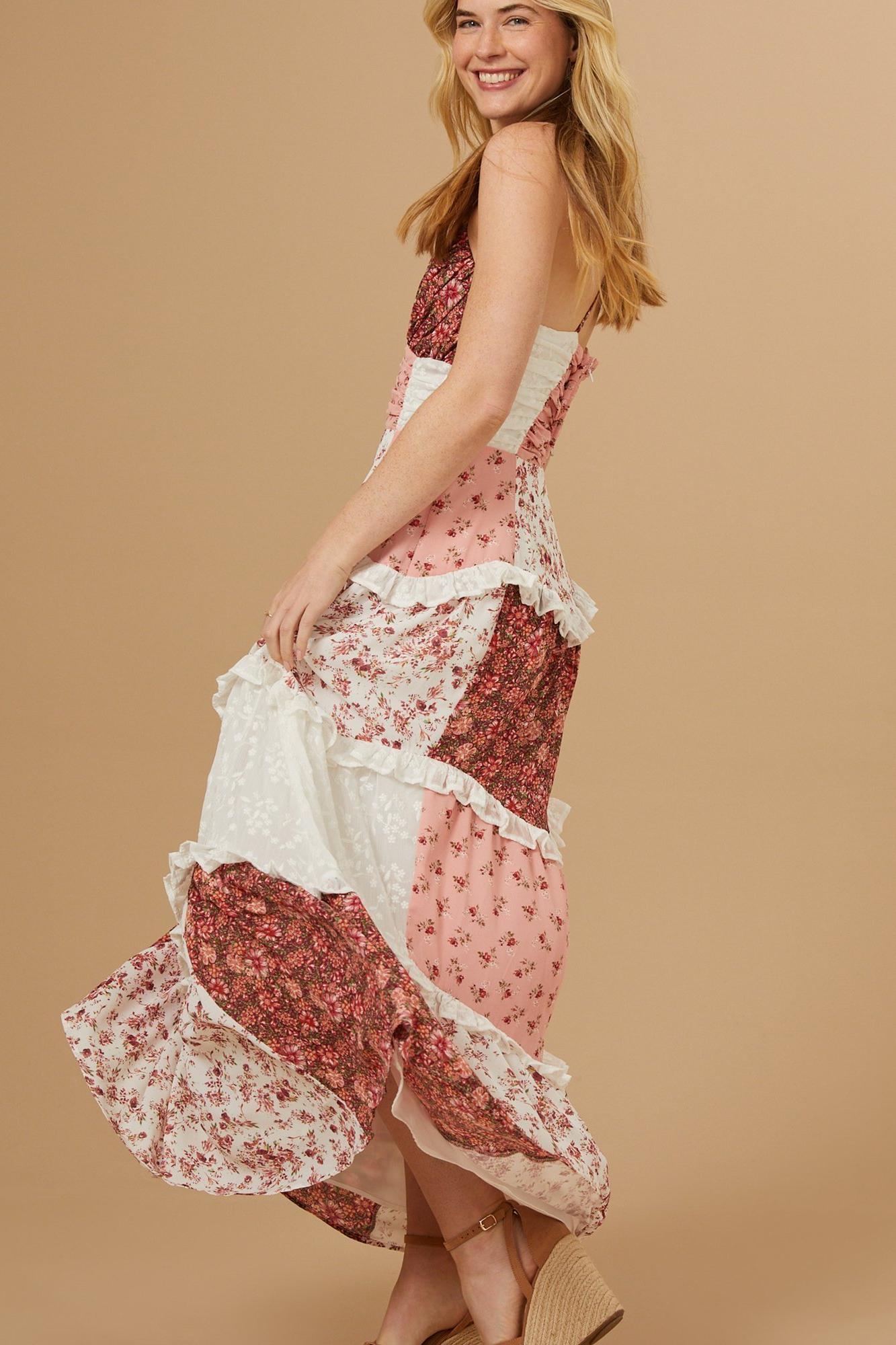 Floral Splicing Frill Midi Dress