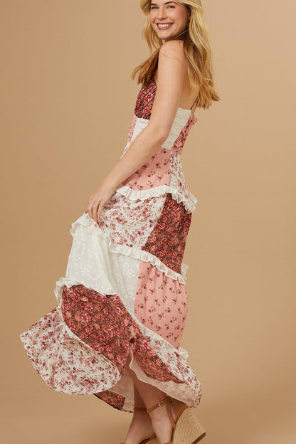 Floral Splicing Frill Midi Dress