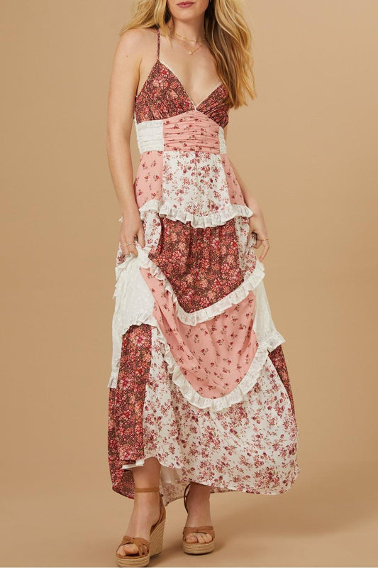 Vestido midi con volantes y empalme floral 