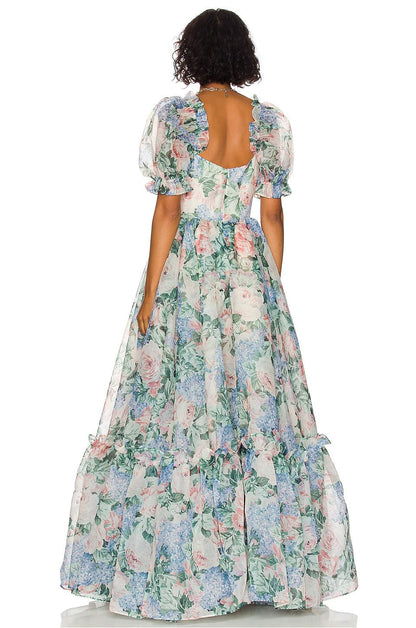 Chiffon Floral Puff Sleeve Ruffle Maxi Dress
