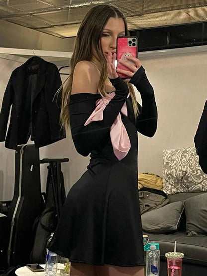 JULISSA MO 2025 Autumn Fashion Strapless Long Sleeve Bow Mini Dress For Women Sexy Slim A-line Outfits Solid Patchowrk Dress New