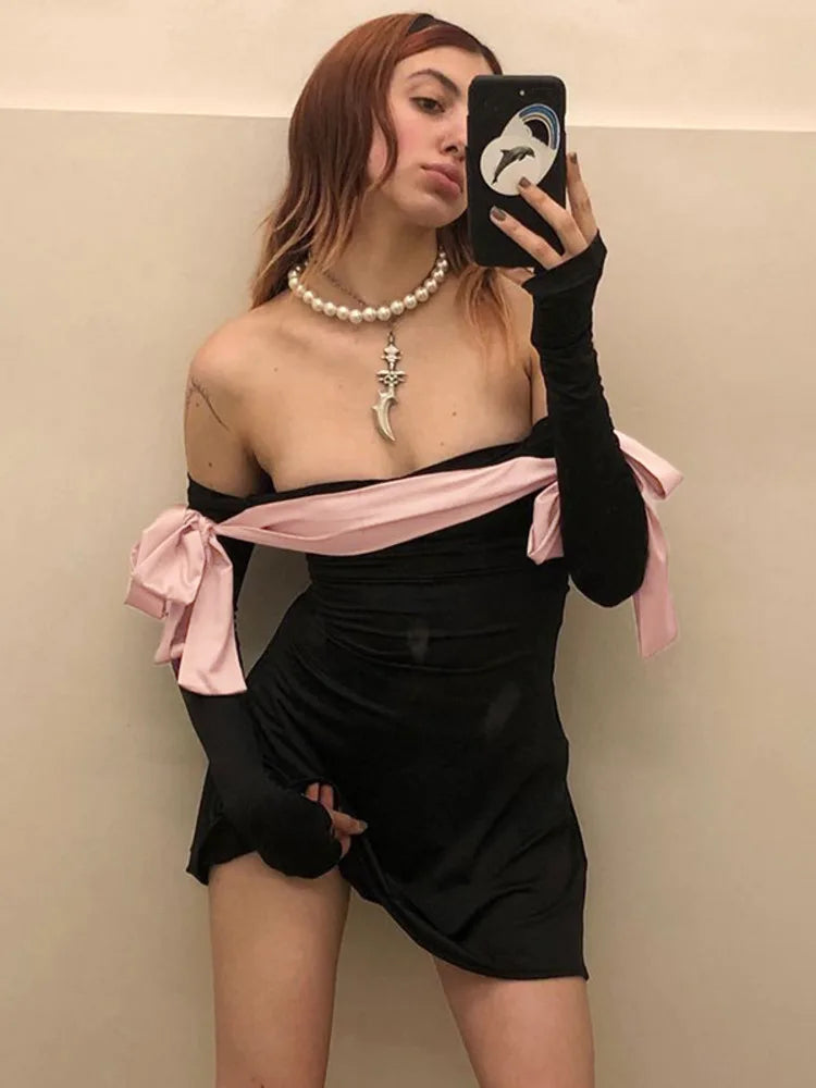JULISSA MO 2025 Autumn Fashion Strapless Long Sleeve Bow Mini Dress For Women Sexy Slim A-line Outfits Solid Patchowrk Dress New