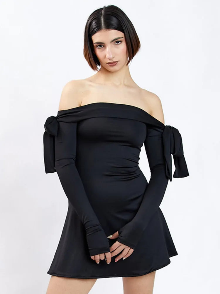 JULISSA MO 2025 Autumn Fashion Strapless Long Sleeve Bow Mini Dress For Women Sexy Slim A-line Outfits Solid Patchowrk Dress New