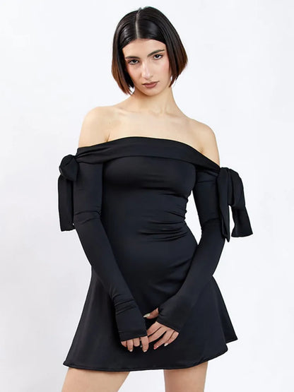 JULISSA MO 2025 Autumn Fashion Strapless Long Sleeve Bow Mini Dress For Women Sexy Slim A-line Outfits Solid Patchowrk Dress New