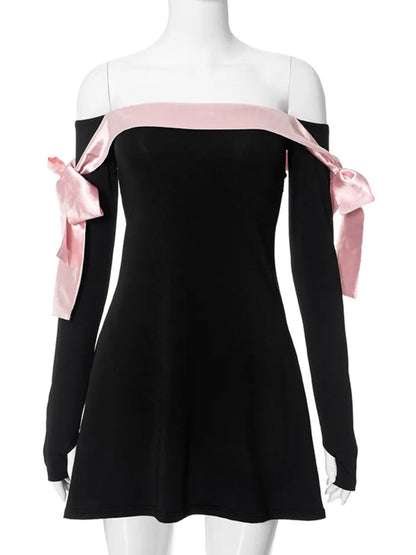 JULISSA MO 2025 Autumn Fashion Strapless Long Sleeve Bow Mini Dress For Women Sexy Slim A-line Outfits Solid Patchowrk Dress New