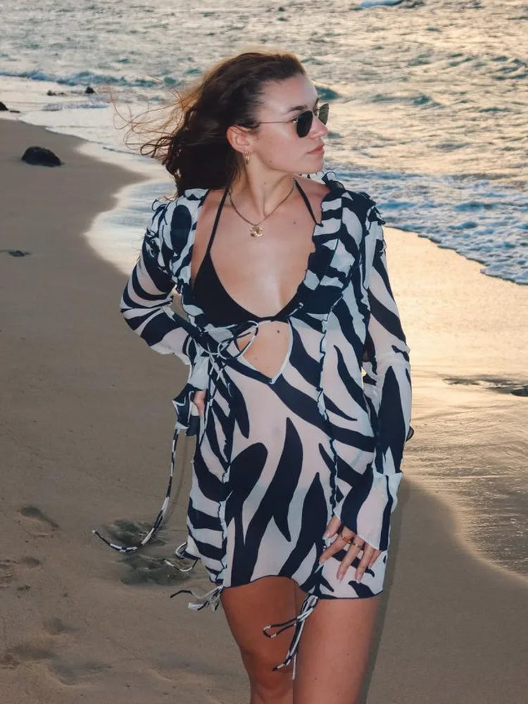 JULISSA MO Chiffon Sheer Bandage V-Neck Longsleeve Mini Dress For Women Sexy Zebra Print Slim See Through Beach Holiday Dresses