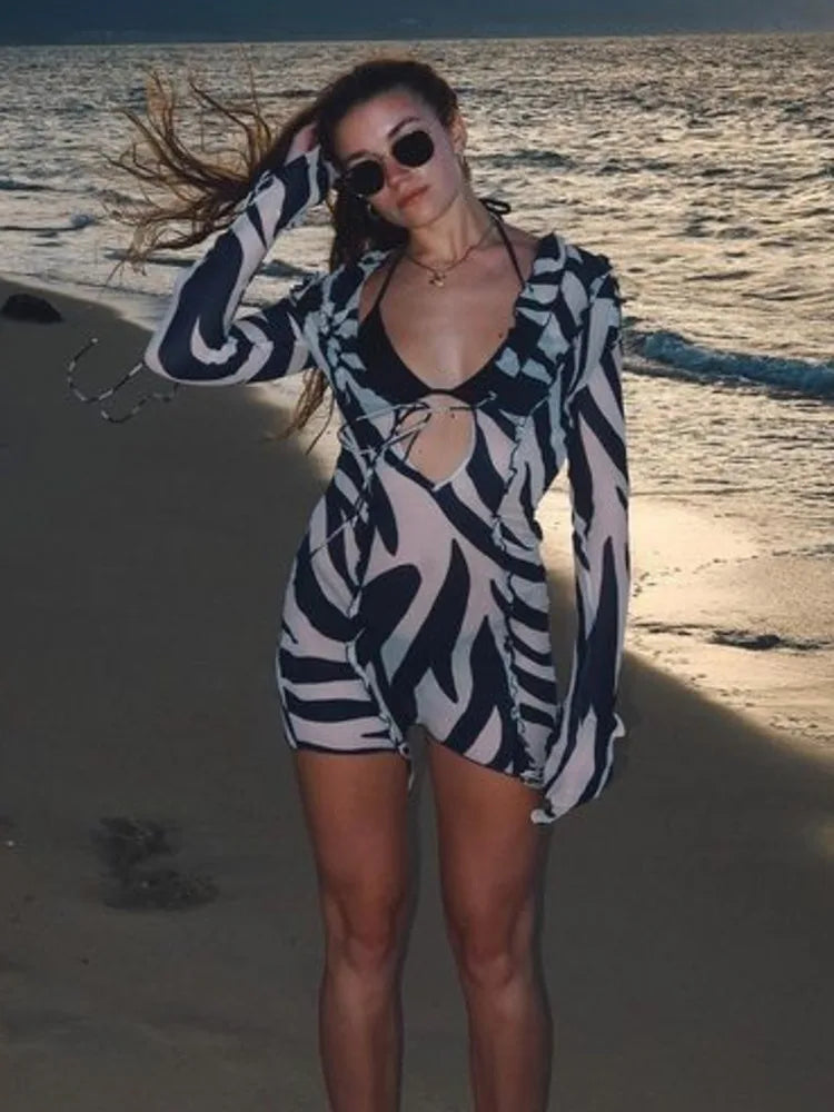 JULISSA MO Chiffon Sheer Bandage V-Neck Longsleeve Mini Dress For Women Sexy Zebra Print Slim See Through Beach Holiday Dresses
