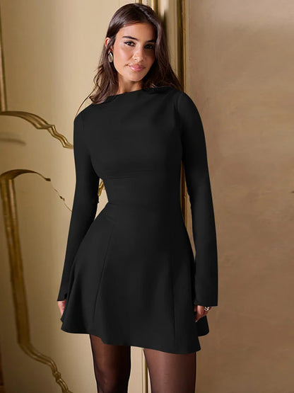JULISSA MO - Vestido elegante de cuello redondo para mujer, negro, manga larga, cintura alta, minivestido femenino de otoño, corte en A, ajustado, para fiesta y club, 2025