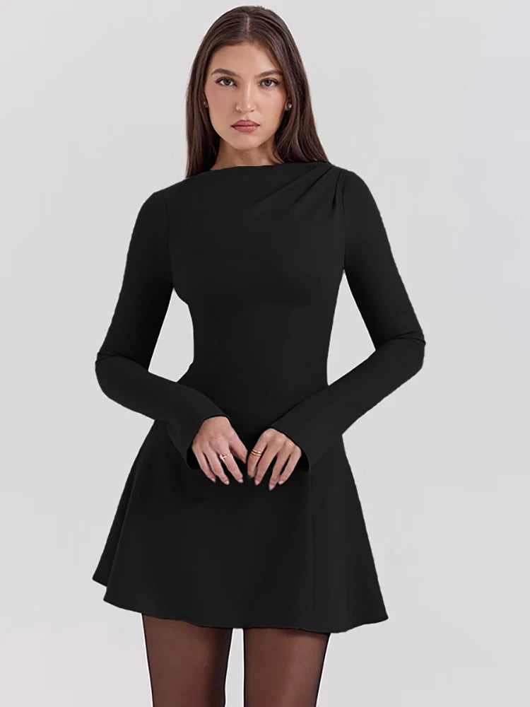JULISSA MO - Vestido elegante de cuello redondo para mujer, negro, manga larga, cintura alta, minivestido femenino de otoño, corte en A, ajustado, para fiesta y club, 2025