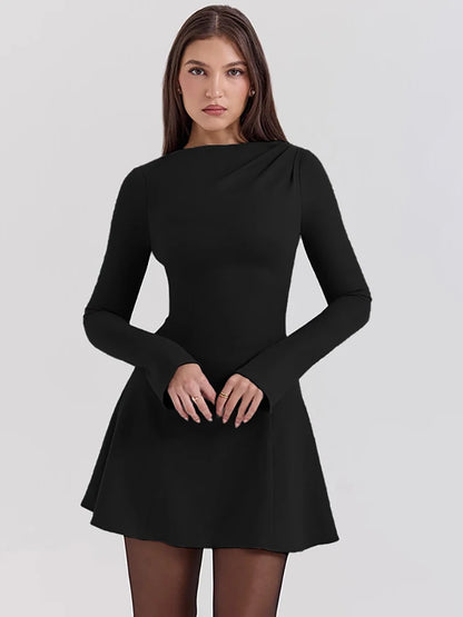 JULISSA MO - Vestido elegante de cuello redondo para mujer, negro, manga larga, cintura alta, minivestido femenino de otoño, corte en A, ajustado, para fiesta y club, 2025