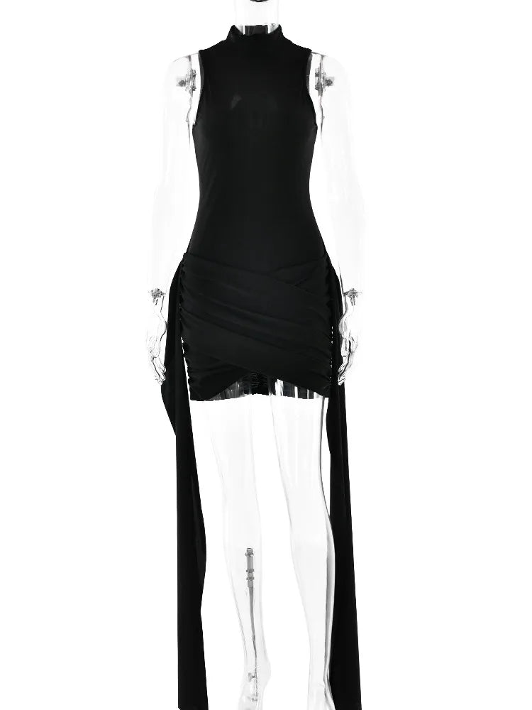 JULISSA MO Elegant Women Sleeveless Bandage O-neck Party Evening Mini Dress 2025 New Sexy Ruched Slim Solid Femme Dress Lace-up
