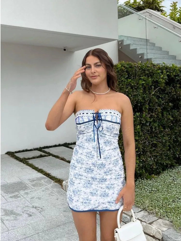 JULISSA MO Vestido de vacaciones con estampado floral para mujer, hombros descubiertos, botones de metal azul, ajustado, elegante, para exteriores, minivestidos para mujer