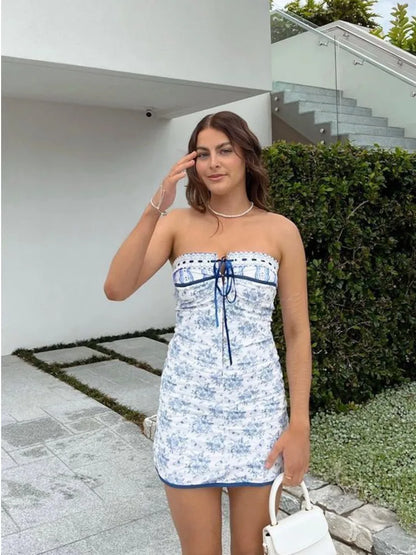 JULISSA MO Vestido de vacaciones con estampado floral para mujer, hombros descubiertos, botones de metal azul, ajustado, elegante, para exteriores, minivestidos para mujer