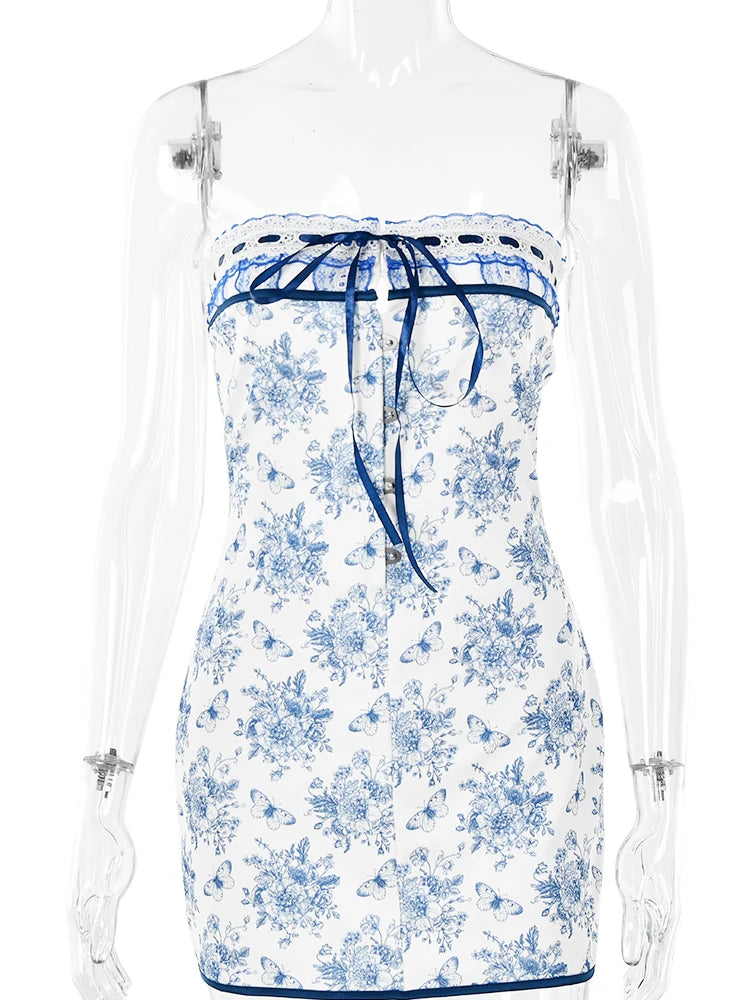 JULISSA MO Vestido de vacaciones con estampado floral para mujer, hombros descubiertos, botones de metal azul, ajustado, elegante, para exteriores, minivestidos para mujer