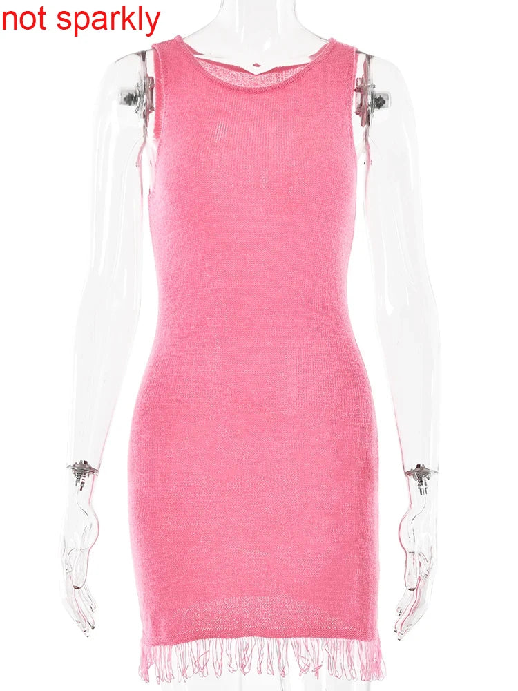 JULISSA MO Vestido de punto sexy transparente con borlas para mujer, vestido rosa sin mangas con cuello redondo, ajustado, elegante, para fiesta y playa, verano 2025