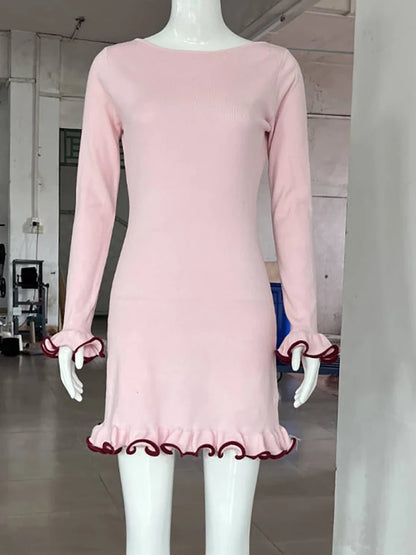JULISSA MO Vestido de punto sexy de cuello redondo con volantes para mujer, vestido de noche negro de manga larga para mujer, vestido elegante ajustado para fiesta y club de otoño