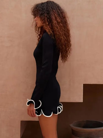 JULISSA MO Vestido de punto sexy de cuello redondo con volantes para mujer, vestido de noche negro de manga larga para mujer, vestido elegante ajustado para fiesta y club de otoño